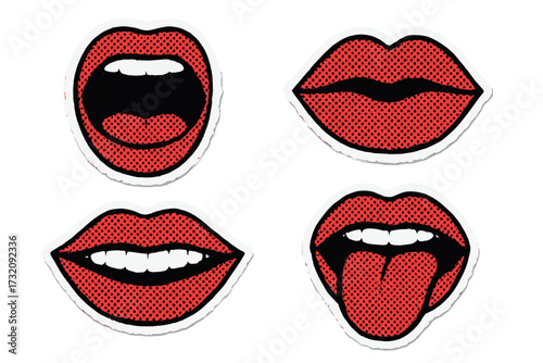 Pop art mouths set with red halftone lips. Y2k trendy collage of paper cutout stickers with expressions: scream, kiss, smile, tongue out. Vector collection for poster graphic.