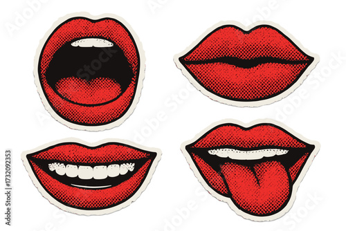 Pop art mouth expression set. Y2k retro collage style. Red halftone lips sticker pack. Scream, shout, kiss, smile, show teeth, tongue out. Paper cutout vector graphic element.