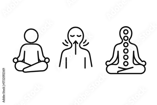 Minimalist mindfulness icons set, meditation posture, deep breathing exercise, chakra energy symbols, vector cartoon illustration, transparent background, spiritual wellness concepts
