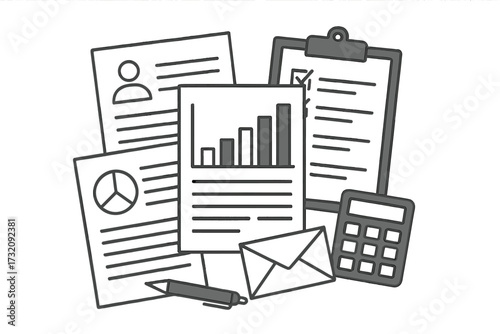 Business documents and paper work vector illustration. Office routine, bureaucracy. Financial report with charts, data analysis, accounting, resume, and checklist concept.