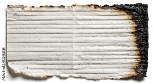 Burnt paper snippet with horizontal lines, edges consumed by fire, detailed view, isolated, white background