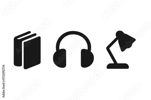 Minimalist reading icons set with books, headphones, and desk lamp silhouettes, modern design vector illustration, education and study symbols, transparent background, ordered collection