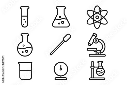 Minimalist science equipment icons set for modern vector designs, laboratory tools and chemistry glassware symbols, scientific research and experiments illustration, transparent background