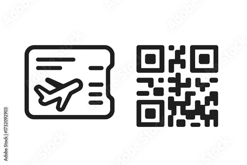 Minimalist travel icons boarding pass and QR code design, vector cartoon illustration with transparent background, airline ticket, digital scan, travel essentials, modern style