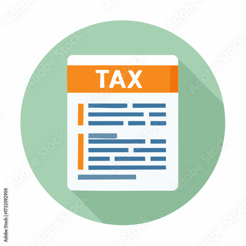 A flat vector illustration of a tax form document with the word "TAX" in bold orange letters on a white background, set against a light green circle.