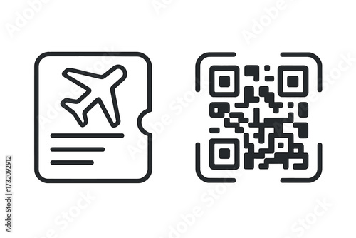 Minimalist travel icons boarding pass with airplane and QR code design, vector cartoon illustration, transparent background, ordered set, flight ticket symbols