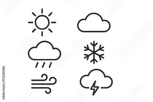 Minimalist weather icons set including sun, cloud, rain, snowflake, wind, thunderstorm, vector cartoon illustration with transparent background, ordered design for digital use