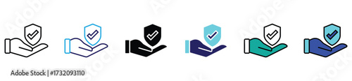 Hand holding shield icon set. Protection, insurance, and security symbols. Vector illustration