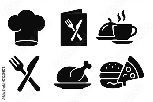 Restaurant icons set with chef hat, menu, coffee cup, fork and knife, roasted chicken, burger and pizza slice in black silhouette style, vector cartoon illustration, transparent background