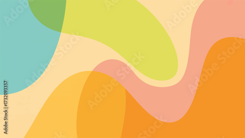 A vibrant and fluid abstract background with overlapping translucent wavy shapes in pastel and bright colors Keywords: abstract, background, fluid, wavy, organic shapes, translucent, overlapping