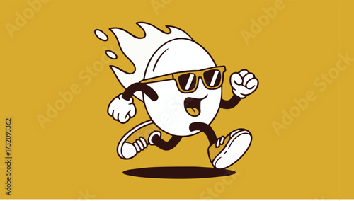 Vector art of cartoon egg running with sunglasses and sneakers on a yellow background