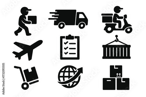 Silhouette icons for transport and delivery services with logistics elements, vector cartoon illustration set with transparent background, fast shipping, global delivery, cargo handling