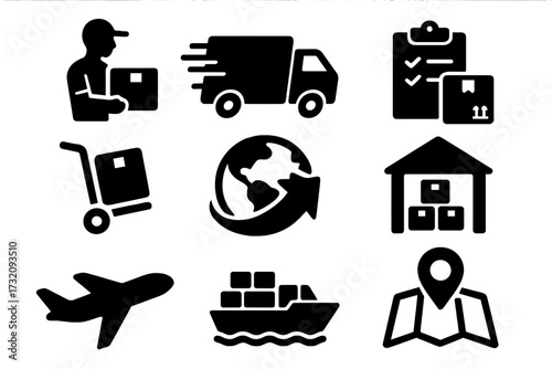 Silhouette icons for transport and delivery services with logistic elements, vector cartoon illustration with transparent background, global shipping, warehouse, air freight, package handling