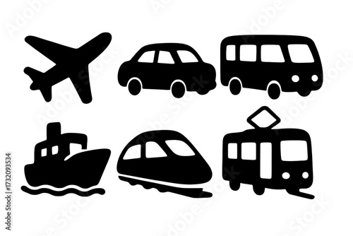 Silhouette icons of various transportation modes vector set, airplane, car, bus, ship, train, tram, black cartoon illustration with transparent background, travel and transport symbols