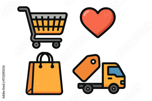 Colorful shopping icons set with cart, heart, shopping bag, price tag, delivery truck for e-commerce, retail, online shopping, sale, consumer goods, retail business vector illustration