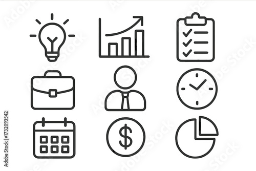 Simple outline business and productivity icons set, transparent background vector illustration, organized design elements for work, finance, planning, management, and time efficiency