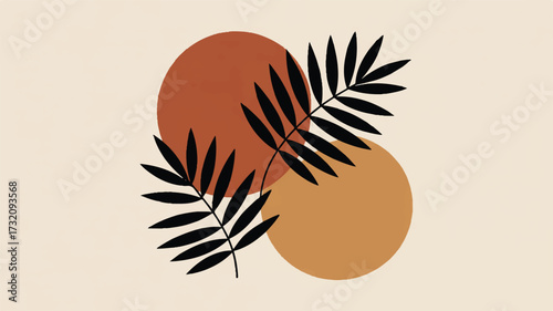 Abstract composition of two overlapping circles and two black palm leaf fronds on a cream background Keywords: abstract, minimalist, modern, organic shapes, circles, ovals, palm leaves, tropical