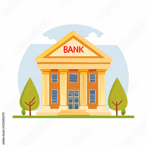 Illustration of a classic bank building with columns, a triangular pediment labeled "BANK," and two trees against a light blue circular background.