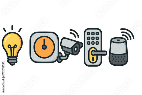 Smart home technology icons set with light bulb, thermostat, security camera, door lock, and speaker. Vector cartoon illustration for automation, security, and connected living concepts.