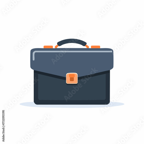 A dark blue briefcase with orange accents, featuring a handle and a latch, isolated on a white background.