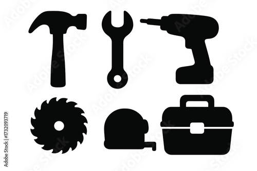 Vector silhouettes of hammer, wrench, cordless drill, saw blade, tape measure, and toolbox icons. Cartoon style tool set with transparent background for construction, DIY, repair, home improvement.