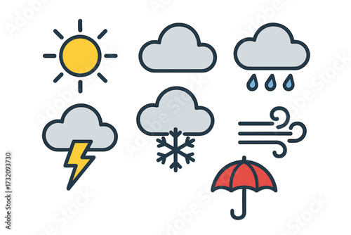 Weather icons set sun, cloud, rain, storm, snowflake, wind, umbrella in flat design, colorful vector cartoon illustration, transparent background, ordered weather symbols collection