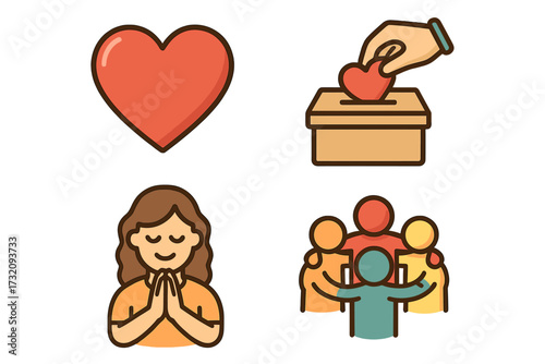 Volunteer and charity icons set with heart, donor box, gratitude praying woman, community group hug illustration, vector cartoon symbols for charity support and social help