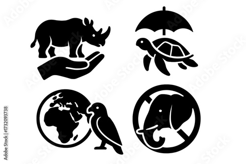 Wildlife protection icons silhouette symbols for conservation awareness, animal preservation, endangered species, eco-friendly signs, nature protection vector set, transparent background