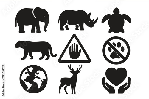 Wildlife conservation icons silhouette, endangered animal symbols, awareness signs, vector cartoon illustration with transparent background, elephant, rhino, turtle, tiger, deer, earth, no paw print