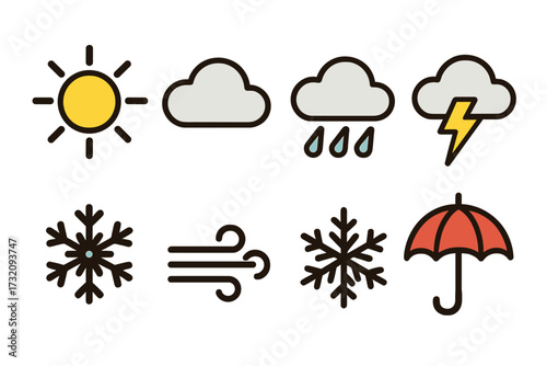 Weather icons set with sun, cloud, rain, storm, snowflake, wind, umbrella, flat design, vector cartoon illustration, transparent background, ordered collection for weather apps and forecasts