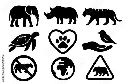 Wildlife conservation icons silhouette set, animal symbols, environmental awareness signs, vector cartoon illustration, transparent background, ordered collection, nature protection concept