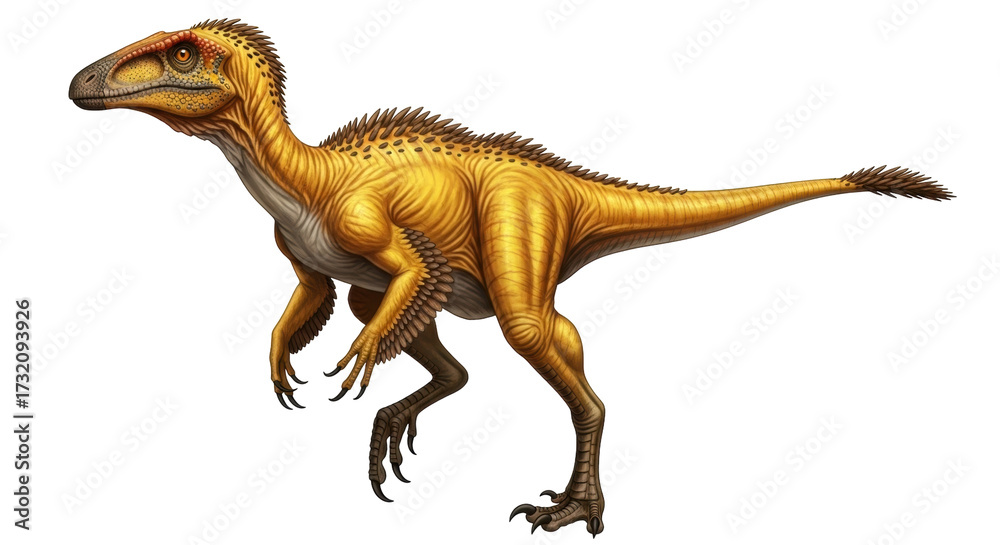 Fototapeta premium Isolated dinosaur standing in profile, fearsome predator, claws and teeth visible, extinct creature