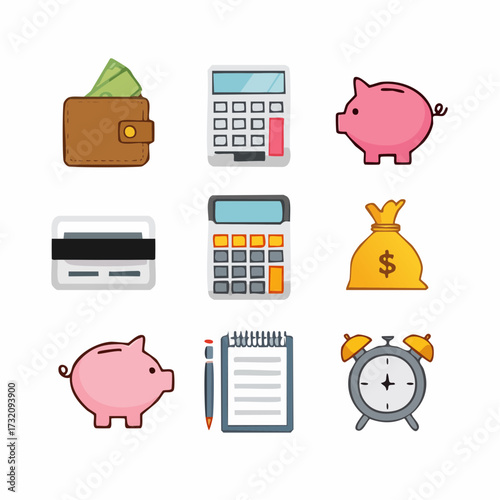 An illustration featuring financial icons including a wallet with money, calculators, piggy banks, a credit card, a money bag, a notepad with a pen, and an alarm clock.
