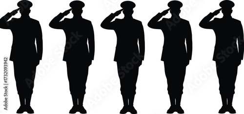 Military soldier silhouette vector illustration, army salute pose graphic, disciplined officer standing, honor respect duty, patriotic armed forces artwork