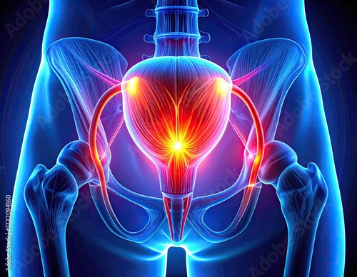 Pelvic anatomy highlighted, focus on muscles