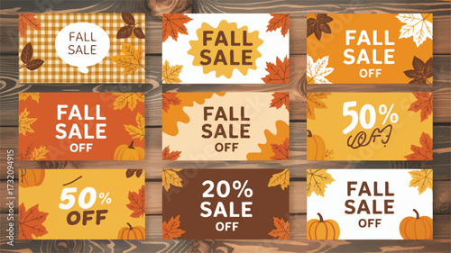Autumn Fall Sale Promotion Cards with Maple Leaves and Pumpkins discount