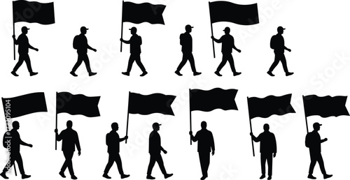 Protest people silhouettes walking with flags, demonstration crowd illustration, political activism, rally movement art, protester holding banners, strike march symbolic design
