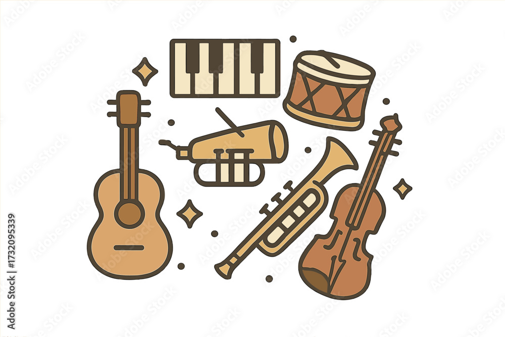 Naklejka premium Variety of musical instruments including acoustic guitar grand piano drum trumpet and violin for sound production