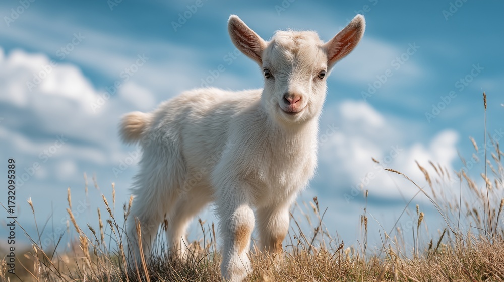 Fototapeta premium Baby goat standing on grassy hill, sunny farm background, joyful lifestyle