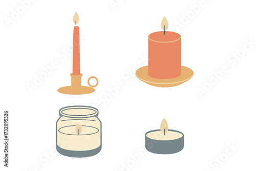 Warm glow of diverse burning candles set featuring tall taper, round pillar, jar, and small tea light designs for cozy atmosphere