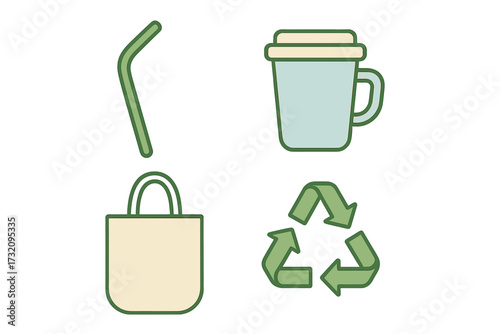 Eco-friendly reusable items set with straw, coffee cup, shopping bag, and recycling symbol for sustainable living