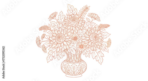 Detailed illustration of flowers in a patterned vase