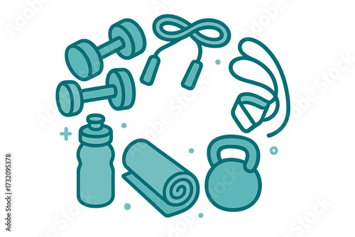 Essential fitness equipment arrangement featuring dumbbells, jump rope, water bottle, yoga mat, and kettlebell for active lifestyle