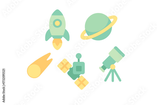 Collection of space exploration objects including rocket, planet, comet, satellite, and telescope for scientific discovery and educational purposes