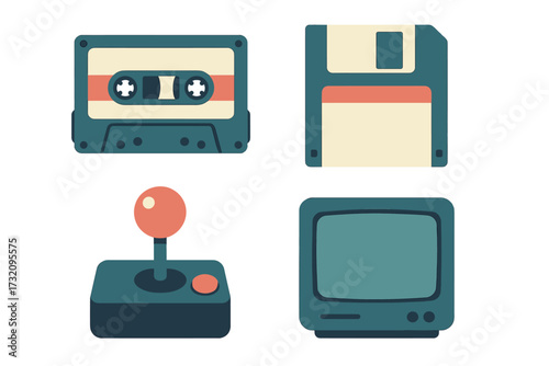 Nostalgic collection of retro technology including a cassette tape, floppy disk, arcade joystick, and vintage television set