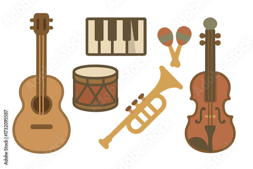 Collection of diverse musical instruments including guitar, violin, keyboard, drum, trumpet, and maracas for sound and entertainment concepts