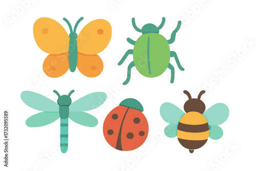 Colorful collection of various garden insects including butterfly, beetle, dragonfly, ladybug, and bee
