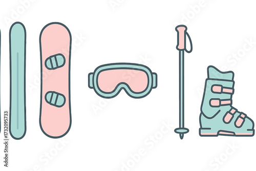 Essential winter sports equipment set including skis snowboard goggles ski pole and boot for cold weather activities