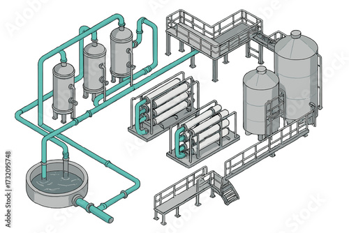 Industrial water purification plant with multiple tanks, filtration units, and interconnected piping system for clean water production