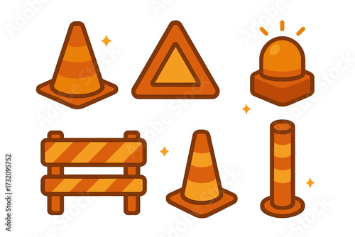 Assortment of bright orange safety equipment for construction and road work areas, including cones, barriers, and warning lights